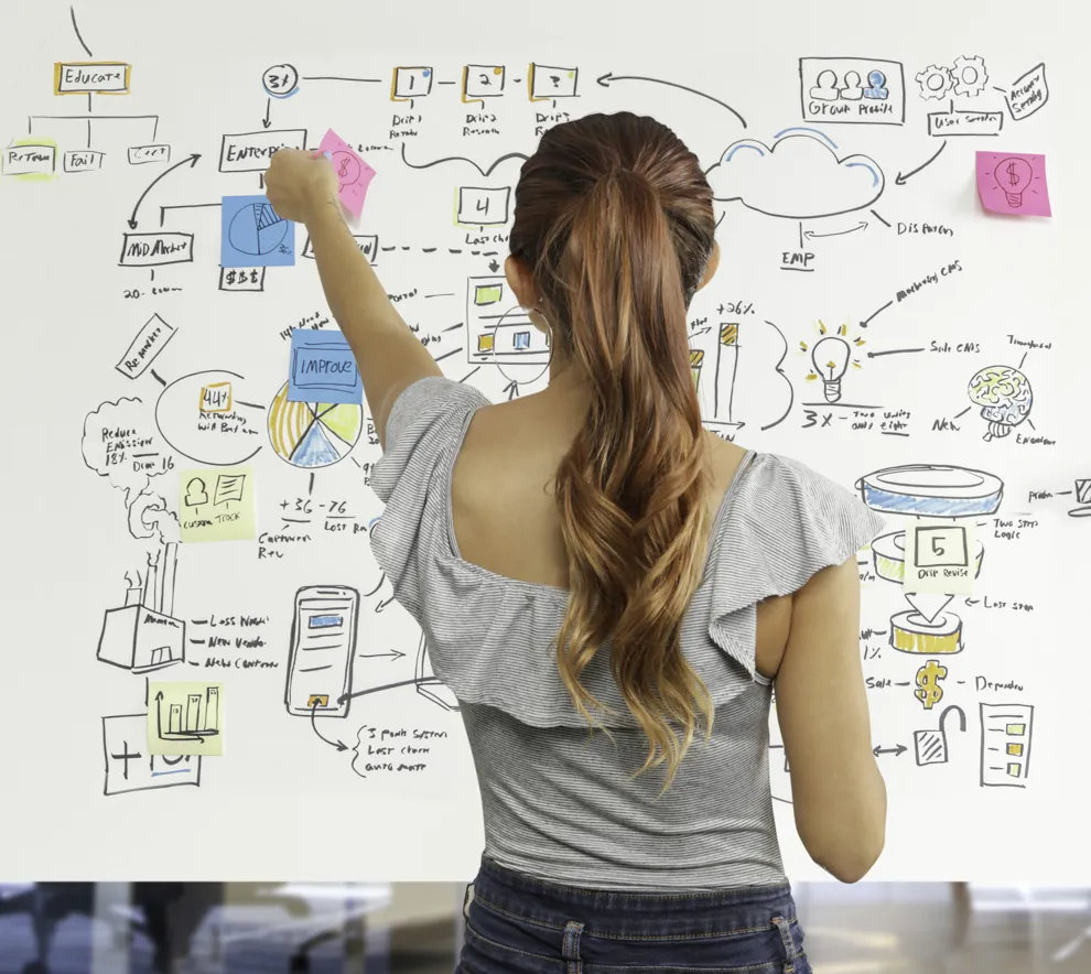 Jente som står foran en tavle og skriver