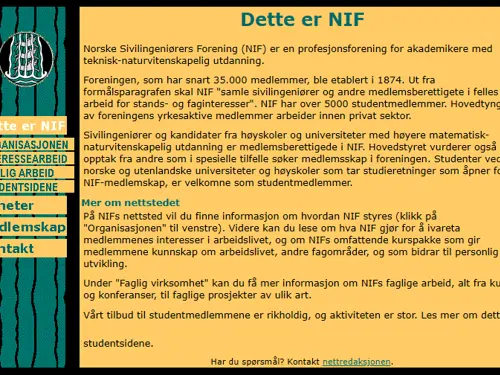 Tidlig versjon av foreningens nettsider.