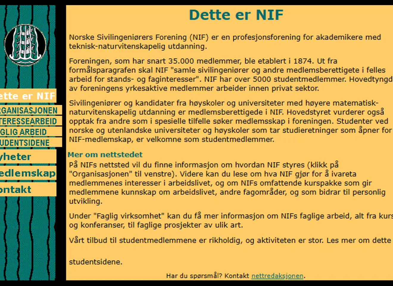 Tidlig versjon av foreningens nettsider.