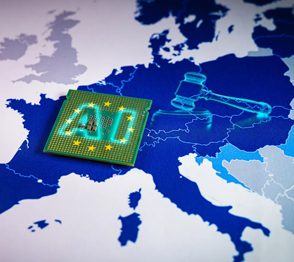 Illustrasjon av Europa med en AI-logo på