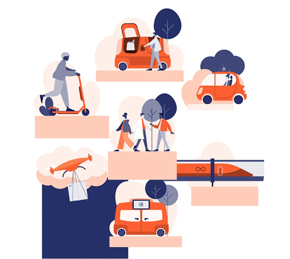 Illustrasjon av moderne transportmidler: elektrisk sparkesykkel, selvkjørende bil, høyhastighetstog, droner, gående mennesker, og autonome busser, i minimalistisk design med røde og blå farger.